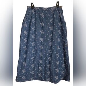 Vintage Liz Claiborne Women's Denim Floral Embroided Skirt Size 14 Petite